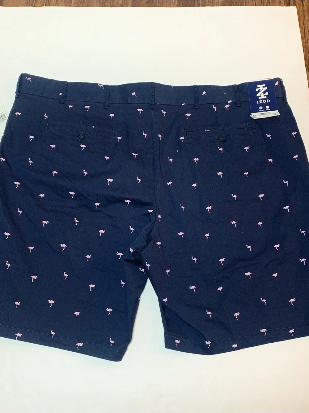 IZOD Men’s Harborside Twill Bermuda Shorts Sz 50 Blue Preppy Pink Flamingo NWT